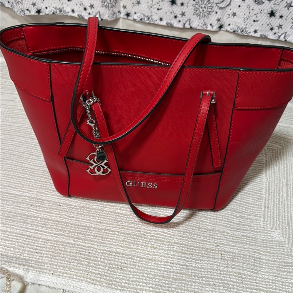 Guess Red Leather Tote Bag with Decorative Charm